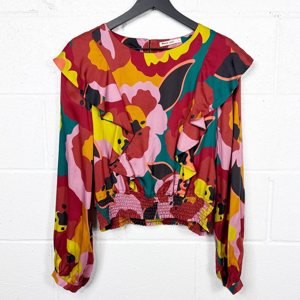 Marine Layer Top Floral Ruffle Smocked Hem Blouse Size Large
